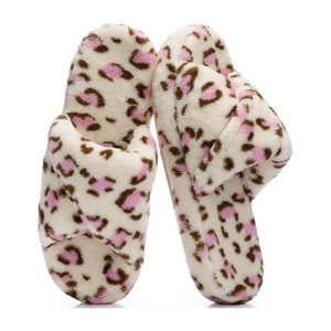 Plush Cross-Band Open-Toe House Slippers – Leopard Print