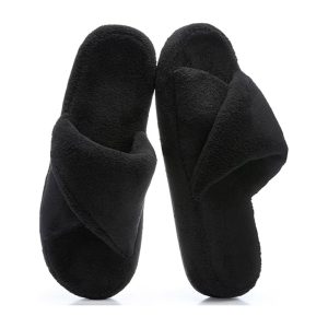 Plush Cross-Band Open-Toe House Slippers – Black