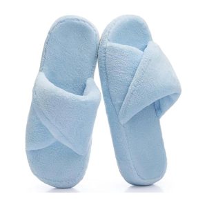 Plush Cross-Band Open-Toe House Slippers – Blue